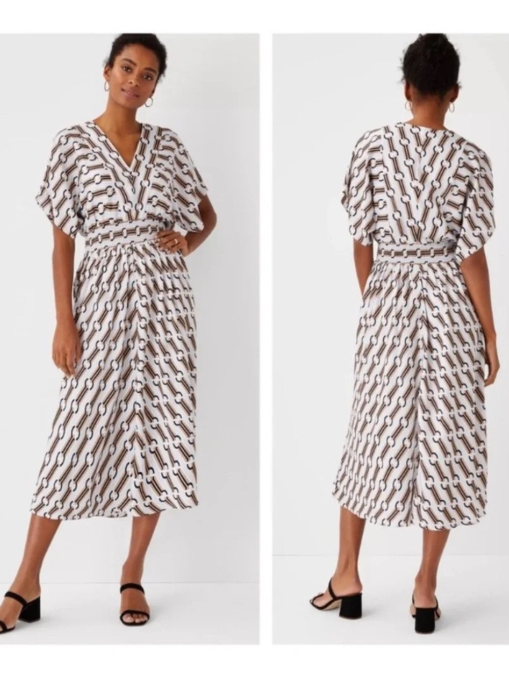 Ann Taylor Chain Link Smocked Midi Dress, Large